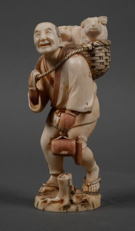 Appraisal: Old carving of Japanese man carrying a basket with two