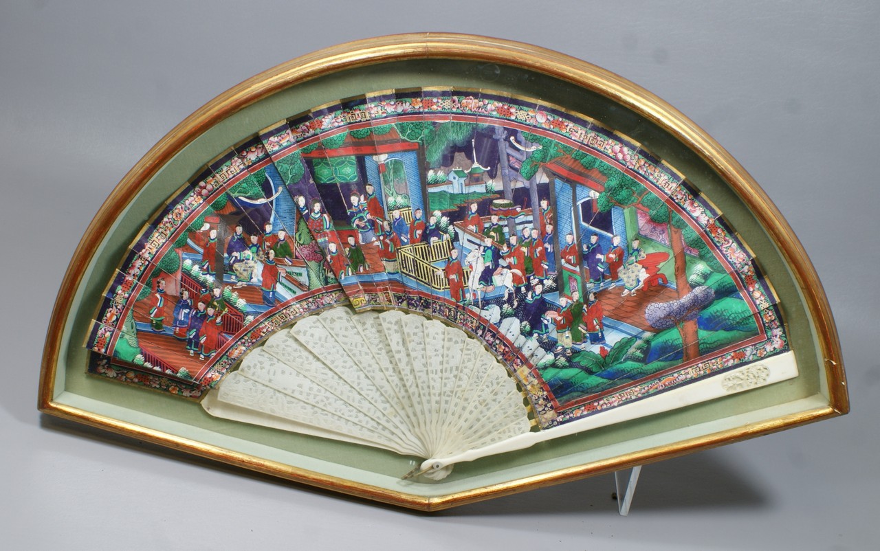 Appraisal: HP paper and silk on fabric fan with pierce carved