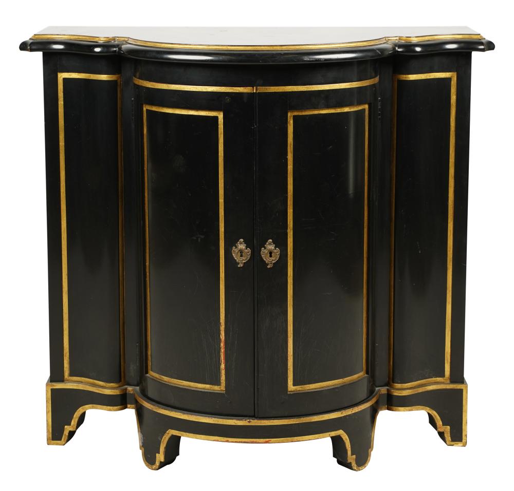 Appraisal: EBONIZED GILT SIDE CABINET th century with two doors concealing