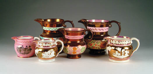 Appraisal: LOT OF SIX DECORATED COPPER LUSTRE PITCHERS - pitcher has