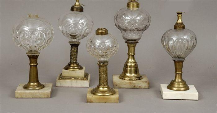 Appraisal: Five Brass Marble and Pressed Glass Oil Lamps Electrified to