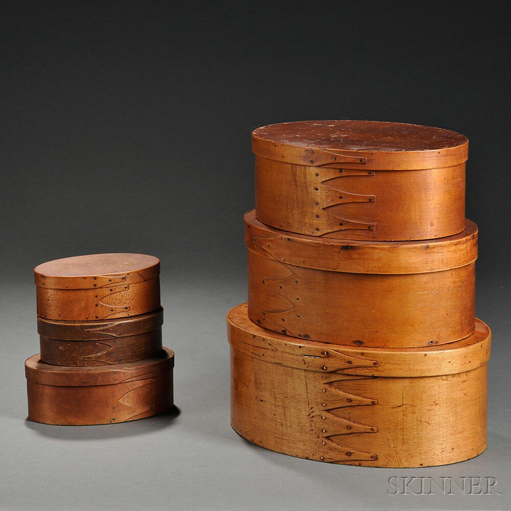 Appraisal: Six Shaker Bent Maple and Pine Oval Lidded Storage Boxes