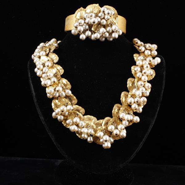 Appraisal: Miriam Haskell pc Faux Pearl Fruit Gilt Leaves Necklace Hinge