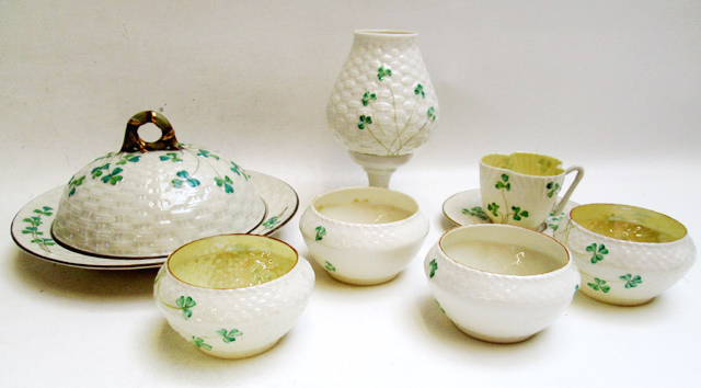 Appraisal: BELLEEK SHAMROCK PORCELAIN consisting of covered butter nd mark -