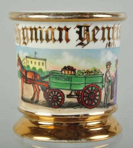 Appraisal: Horse-Drawn Produce Cart Shaving Mug Description Dated Gilt name Hyman