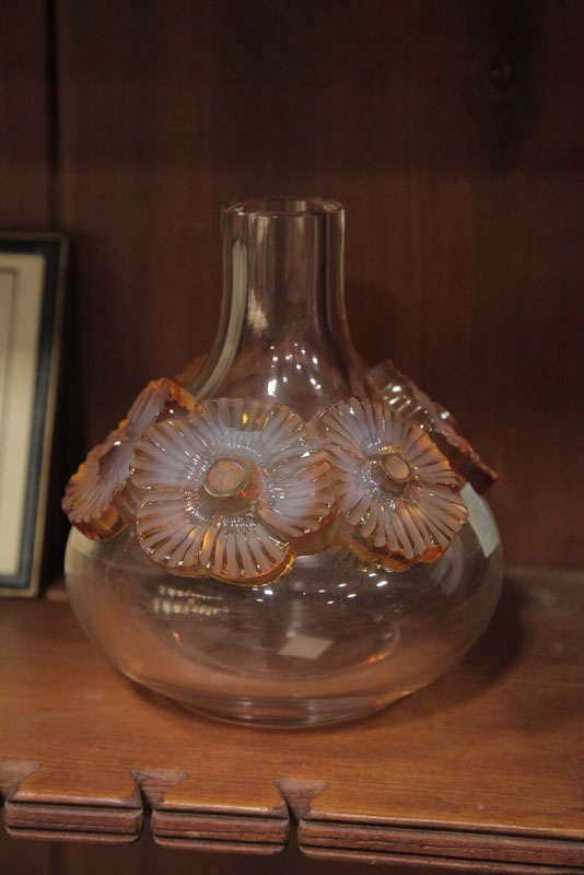 Appraisal: LALIQUE VASE Atossa pattern Clear glass vase with applied amber