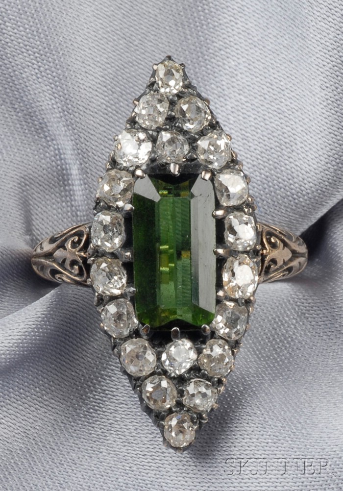 Appraisal: Antique kt Gold Green Tourmaline and Diamond Ring navette form