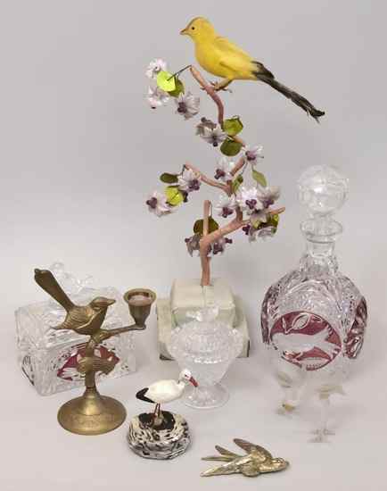 Appraisal: a selection of bird objects including a glass patterned decanter