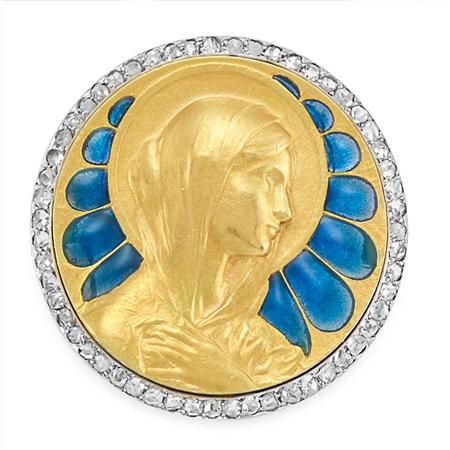 Appraisal: Gold Platinum Plique-a-Jour Enamel and Diamond Madonna Brooch Estimate -