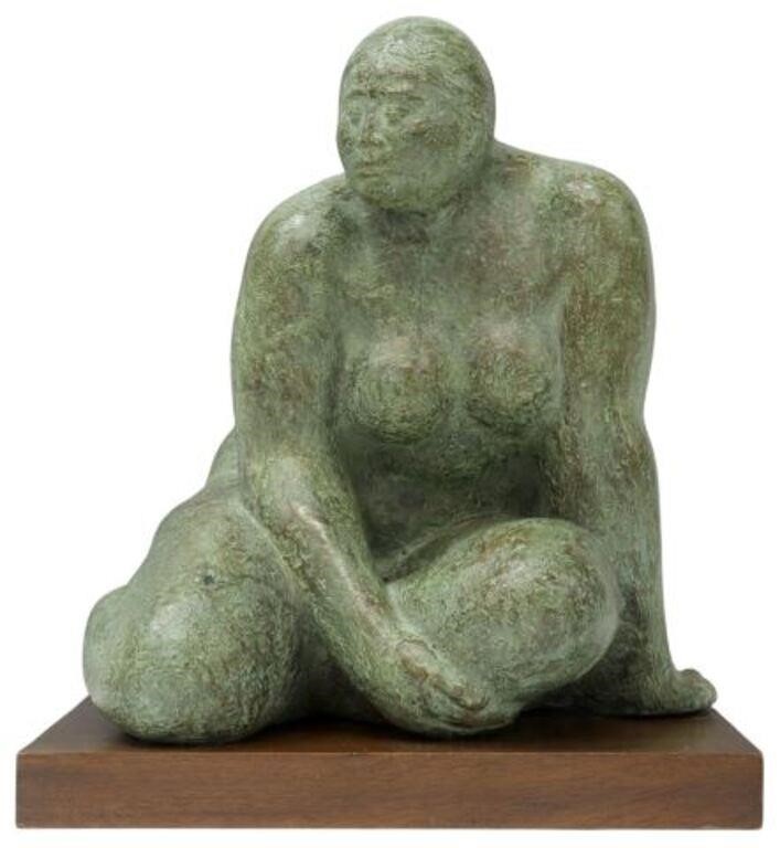 Appraisal: Verdigris patinated bronze sculpture Seated Woman signed F Castaneda Felipe