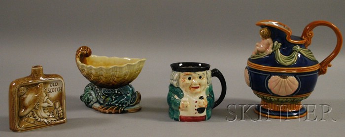 Appraisal: Four Assorted Majolica Glazed Ceramic Items a Gustavsberg footed seashell-form