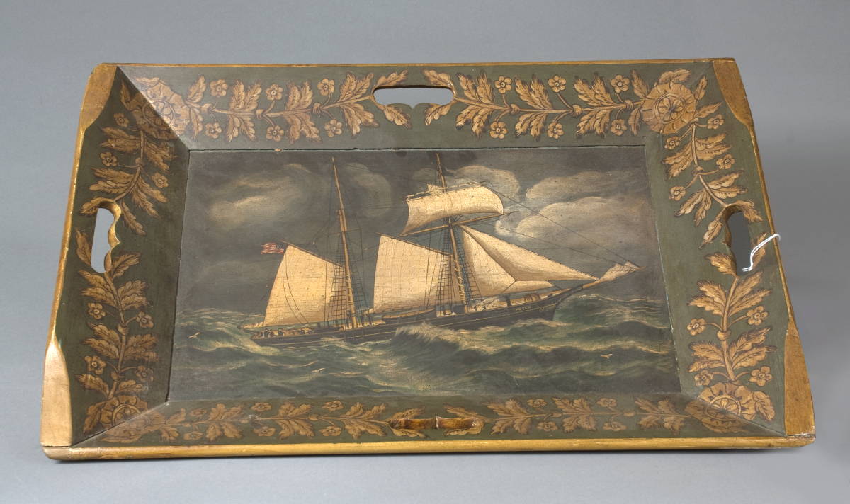 Appraisal: AMERICAN PAINTED AND DECORATED WOODEN TRAY WITH A SHIP AT