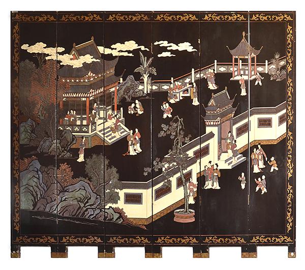 Appraisal: A CHINESE CARVED LACQUERED AND PAINTED SIX PANEL SCREEN depicting