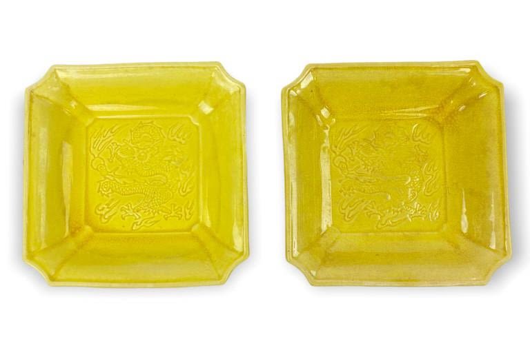 Appraisal: Chinese Yellow Porcelain Square DishesEach x Good condition no chips