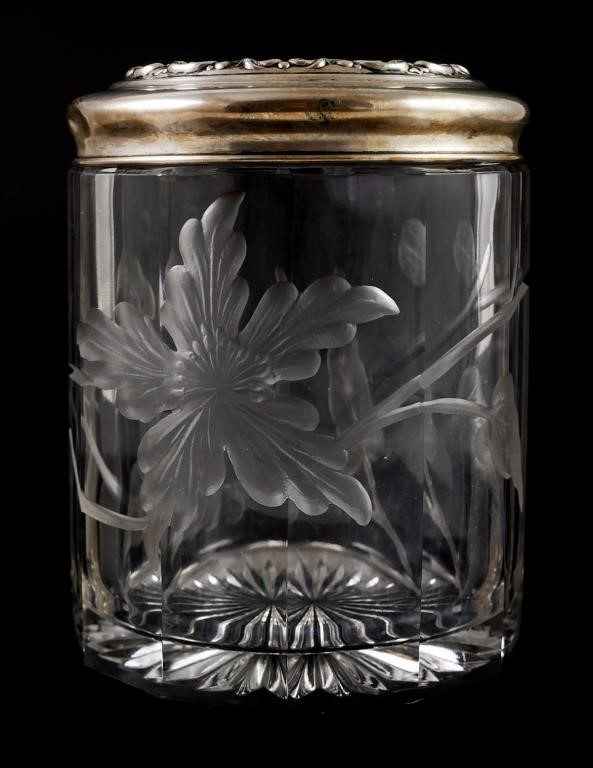 Appraisal: Whiting sterling silver lid on intaglio carved glass jar Top