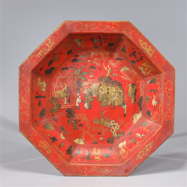 Appraisal: Chinese gilt lacquer imitating porcelain octagonal charger with figures to