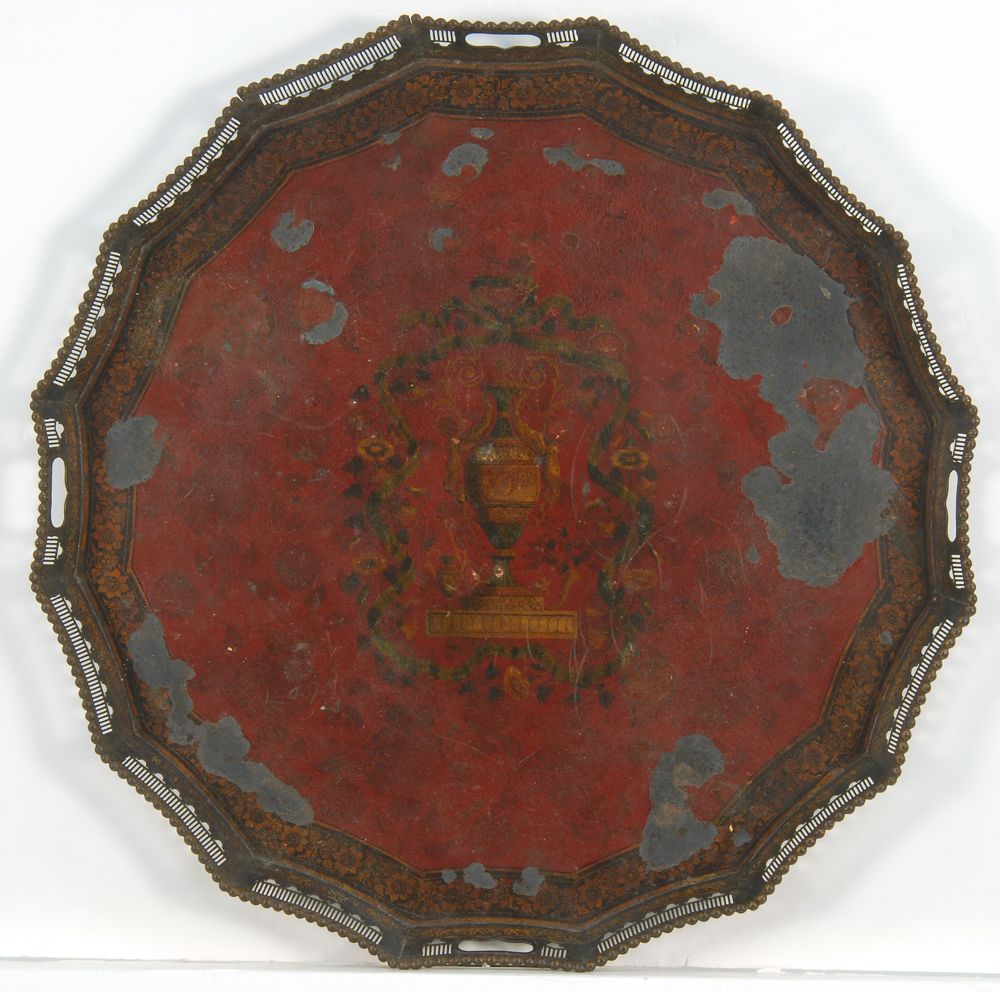 Appraisal: TOLE-DECORATED TRAY Early th CenturyOn a later table frame Tray