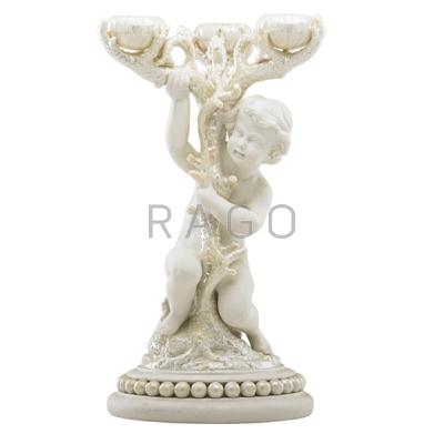 Appraisal: IRISH BELLEEK PORCELAIN Candelabra with cherub supporting shell-shaped bobeches late