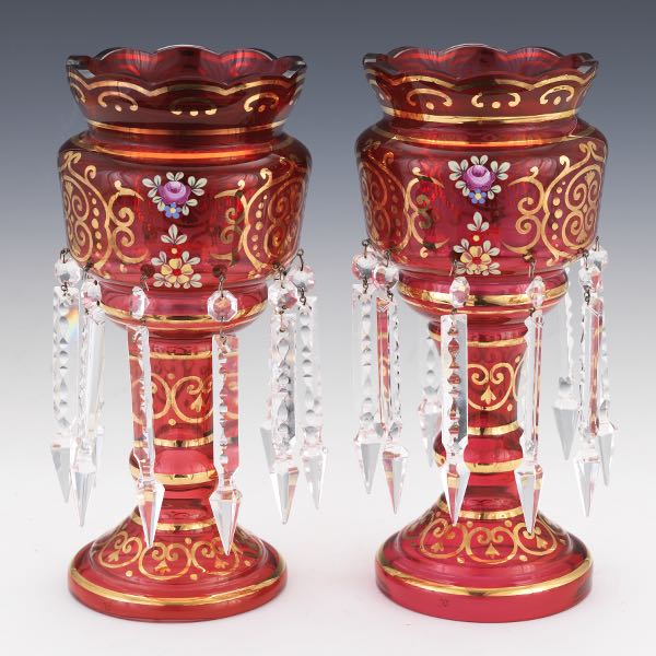 Appraisal: PAIR OF HAND PAINTED CRANBERRY GLASS LUSTRES x each Stepped