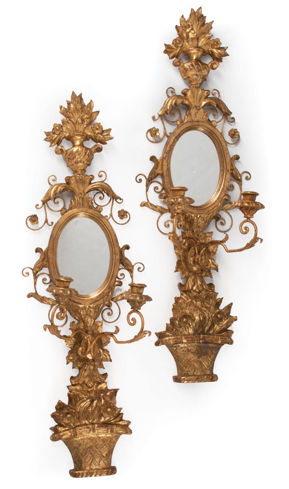 Appraisal: Pair of Antique Italian Carved Giltwood Two-Light Girandole Mirrors flowering