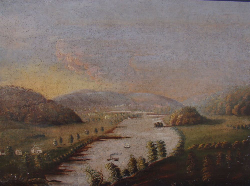 Appraisal: UNFRAMED PAINTING American Early th CenturyPrimitive landscape with river and