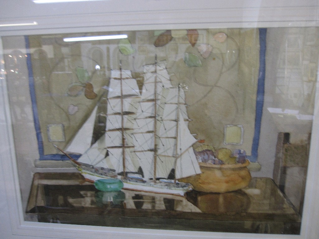 Appraisal: Watercolour still life with a model boat Bears a signature