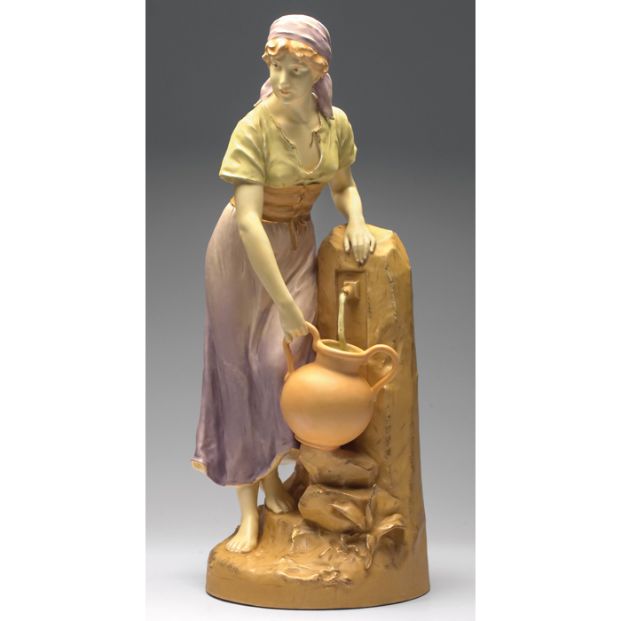 Appraisal: Amphora sculpture peasant woman collecting water multicolored glazes with gold