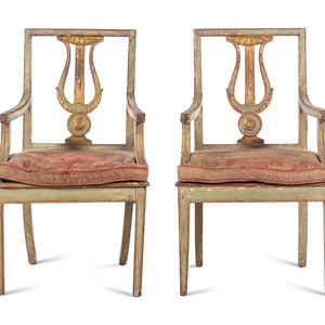 Appraisal: A Pair of Italian Painted and Parcel Gilt Lyre-Back Armchairs