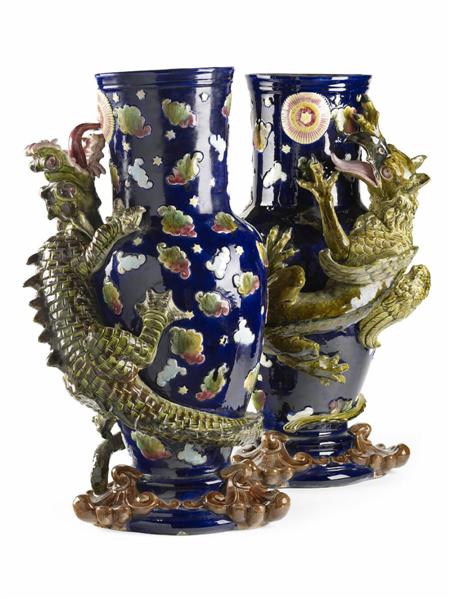 Appraisal: An unusual pair of large Majolica 'chinoiserie' baluster vases each