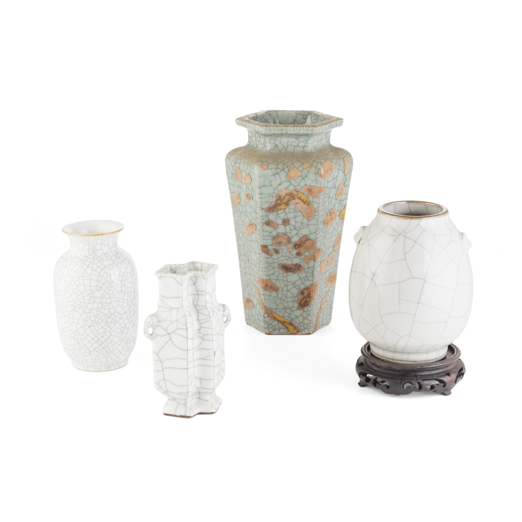 Appraisal: GROUP OF FOUR CRACKLE-GLAZE VASES comprising a ge-type double lozenge