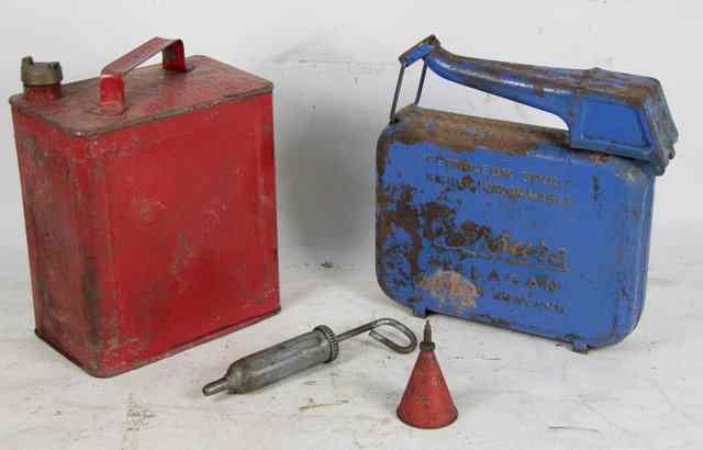 Appraisal: Two metal petrol cans an oil can and a grease