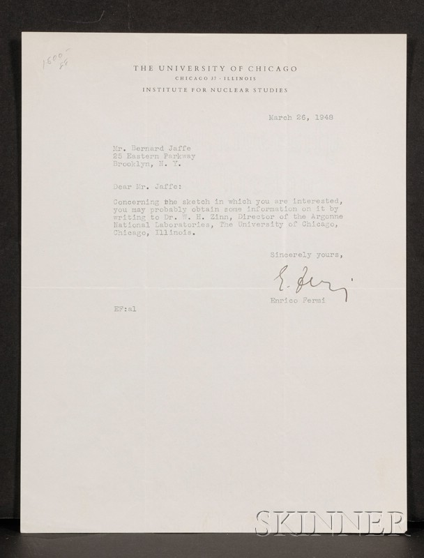 Appraisal: Fermi Enrico - Signed letter March one page to Bernard