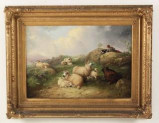 Appraisal: J MORRIS TH C OIL ON CANVAS PAINTING OF SHEEP