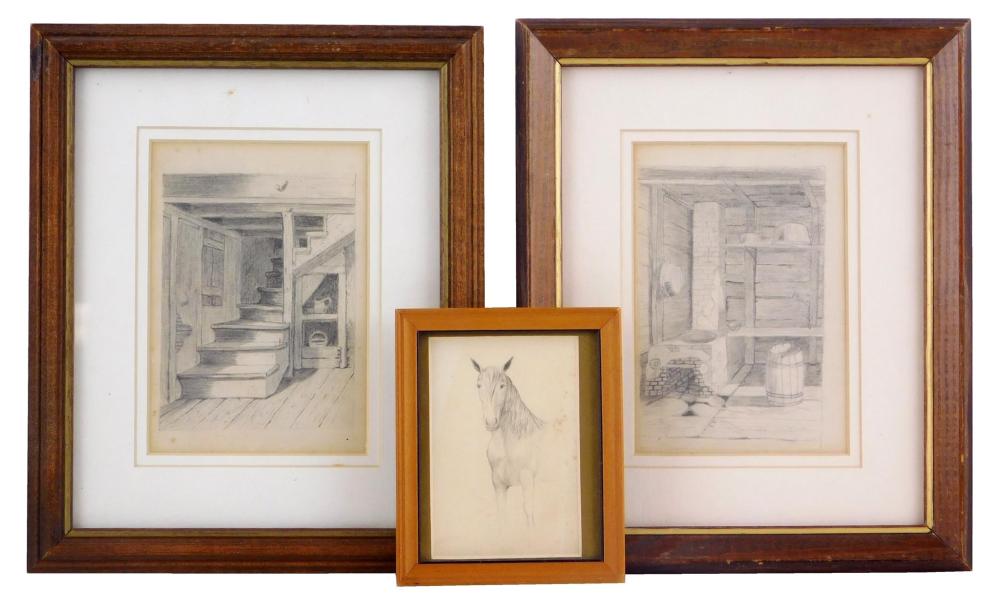 Appraisal: Burr Sisters three framed pencil drawings including two interior drawings