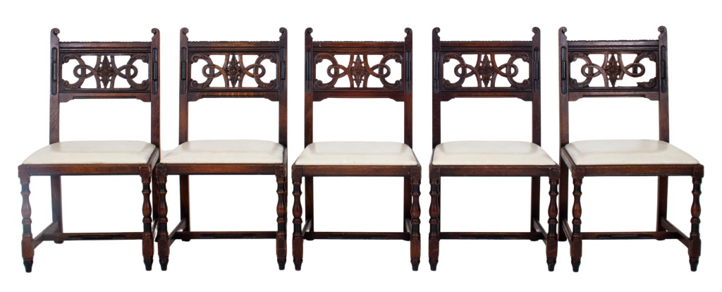 Appraisal: SPANISH REVIVAL CARVED OAK DINING CHAIR Group of five Spanish