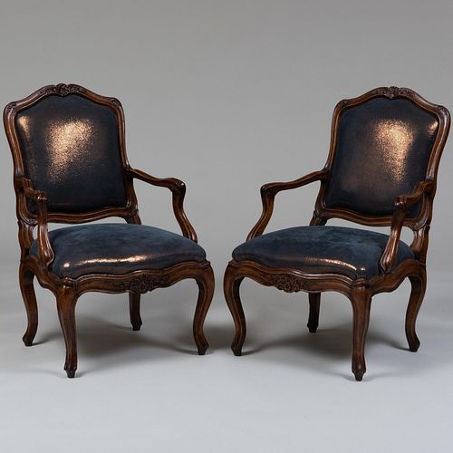 Appraisal: PAIR OF LOUIS XV STYLE PROVINCIAL BEECHWOOD FAUTEUILS A LA