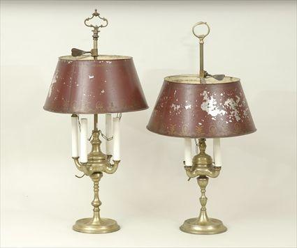 Appraisal: Pair of Brass and T le Peinte Oil Lamps Electrified