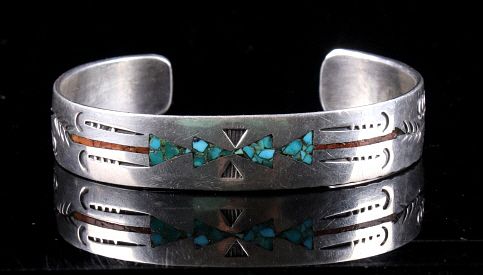 Appraisal: Navajo Silver Coral Turquoise Chip Inlay Cuff Included in this