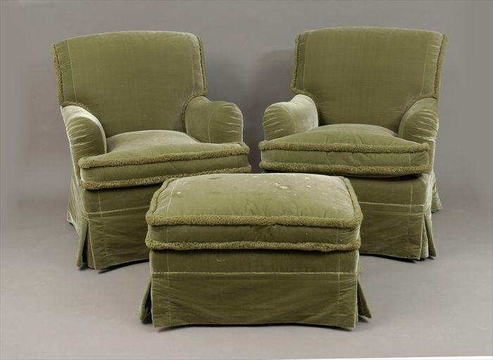 Appraisal: Pair of Velvet-Upholstered Club Chairs and Matching Ottoman x in