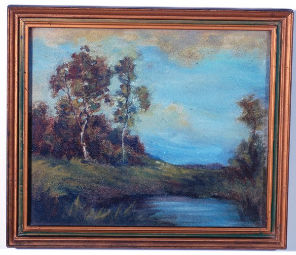 Appraisal: Landscape of trees and grass by edge of pond oil