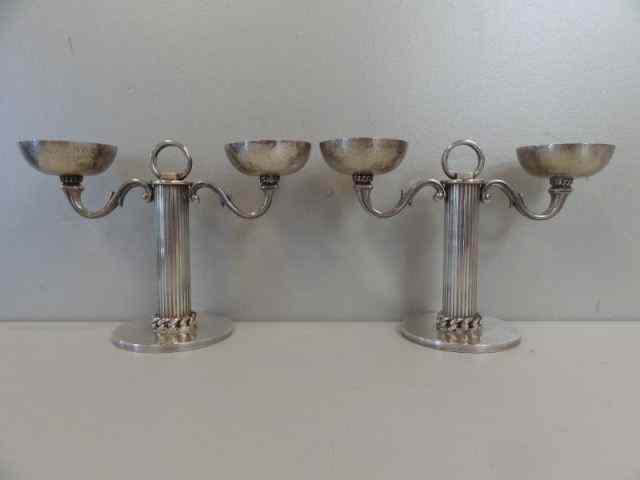 Appraisal: DESPRES J Pair of French Silverplate Art Deco Light Candelabra