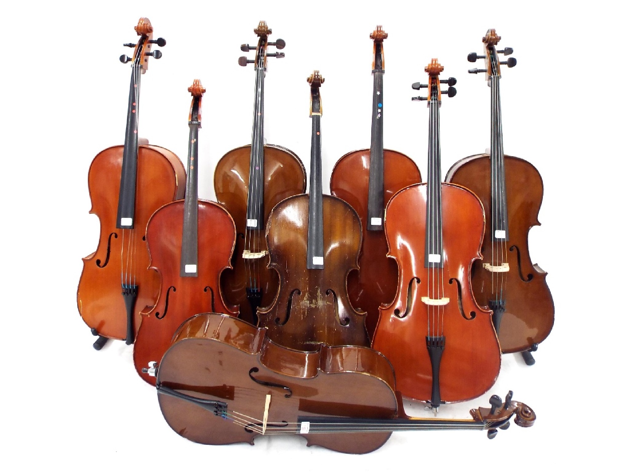 Appraisal: Eight various contemporary small size student quality violoncellos mostly in