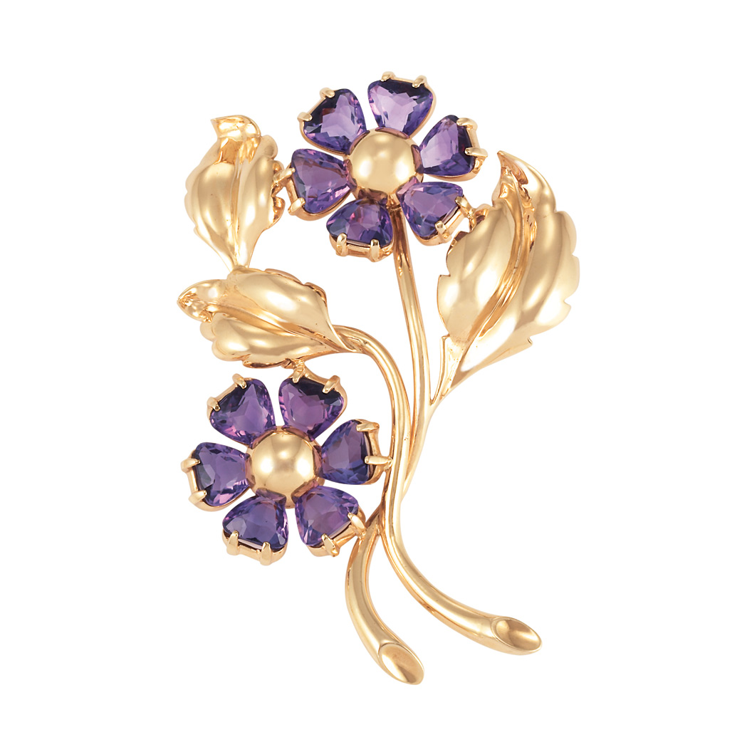 Appraisal: Gold and Amethyst Flower Brooch kt amethysts ap cts ap