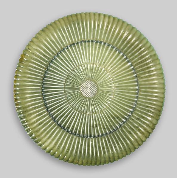 Appraisal: A 'spinach' jade dish th th Century Thinly sectioned in