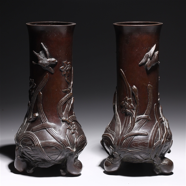 Appraisal: Pair of antique Japanese bronze tripod vases with bird and