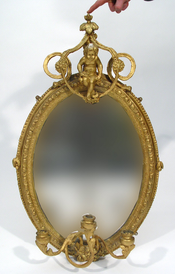 Appraisal: Oval gilt Girandole mirror surmounted with a cherub and three