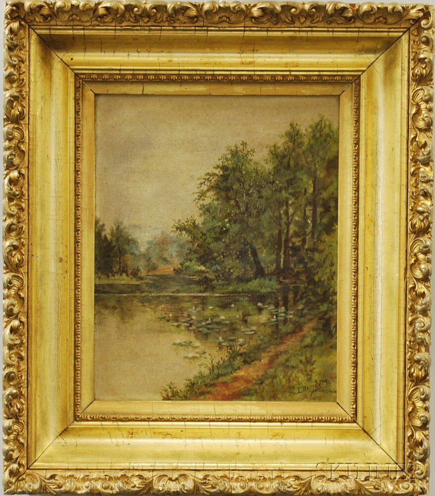 Appraisal: Framed Oil on Canvas Pond Scene late th century signed