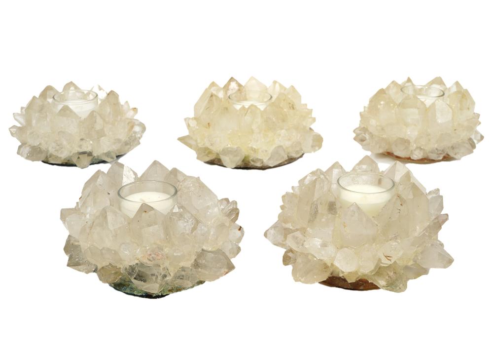 Appraisal: Kathryn McCoy faceted crystal quartz votive candle holders with bases