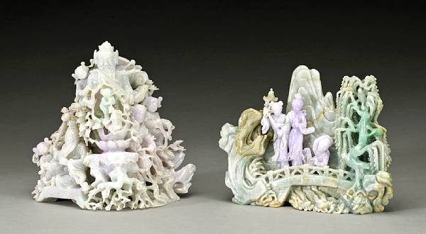 Appraisal: Two lavender jadeite carvings The first depicting a number of