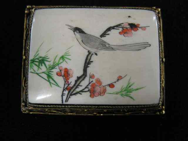 Appraisal: Ivory Silver Filagree Brooch polychrome bird floral gold on sterling